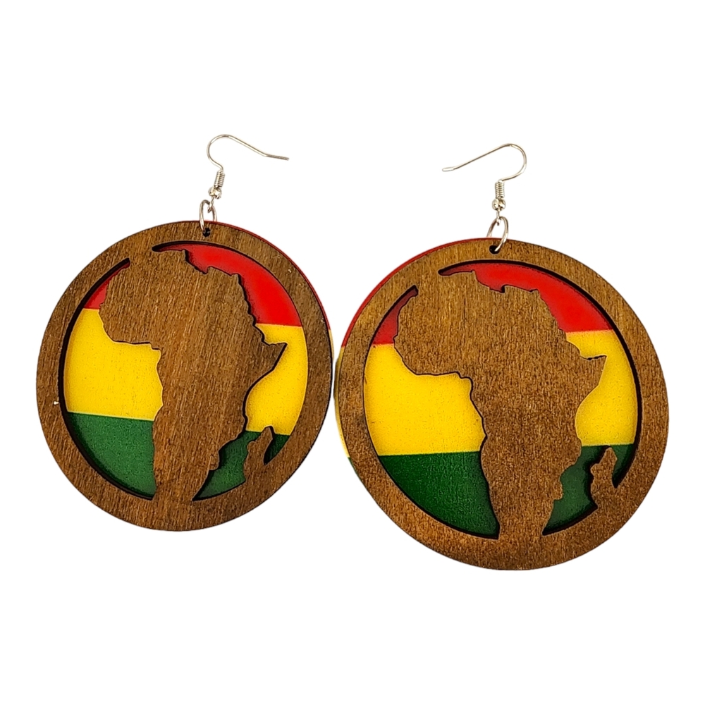 Wooden Africa Map Earrings with Red, Yellow, Green Accents